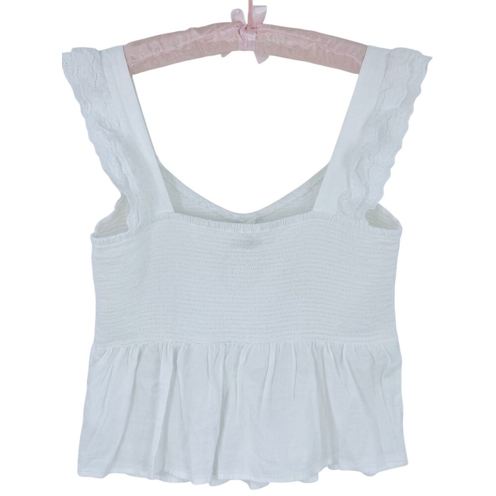 Old Navy White Ruffled Smocked Cottagcore Croquette Sleeveless Cotton Blend Top - Picture 6 of 13